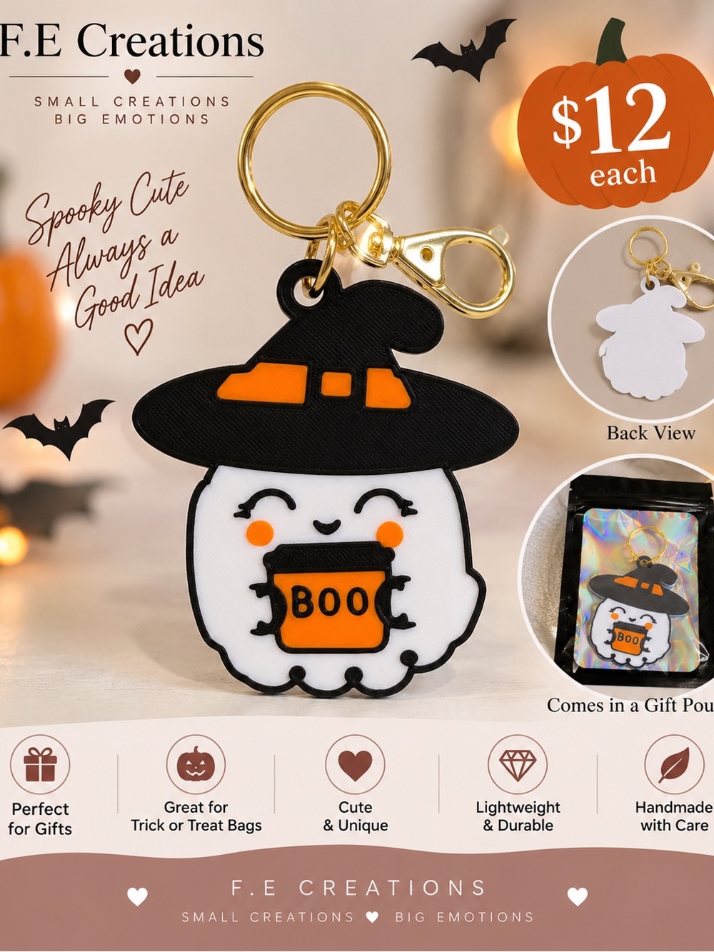 Halloween Ghost Keychain - White & Black with Orange Accents